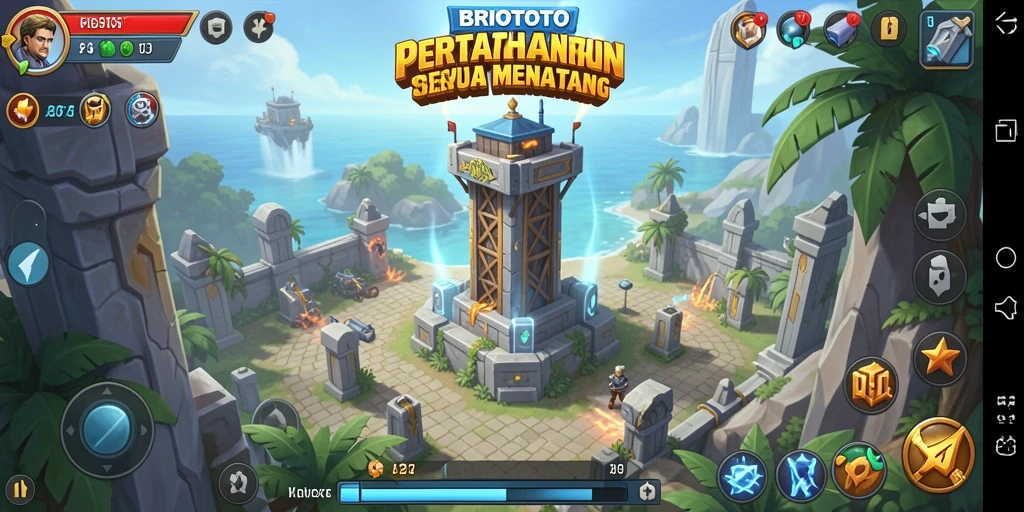 Screenshot BRIOTOTO menampilkan pertahanan menara yang aktif dan serangan musuh.