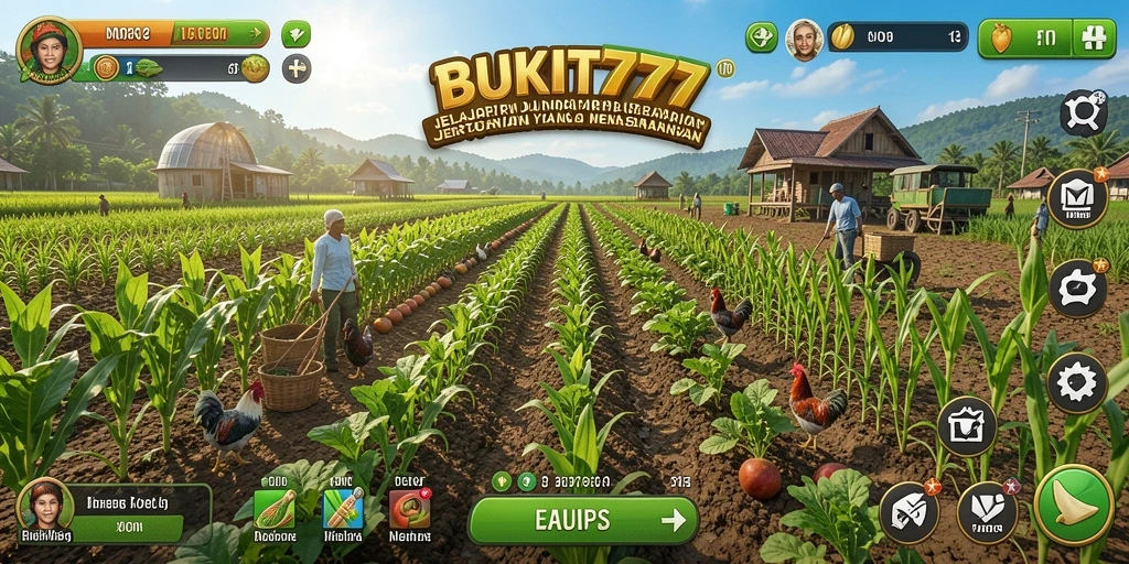 Screenshot BUKIT777 menampilkan aktivitas pertanian yang menyenangkan dan berwarna.