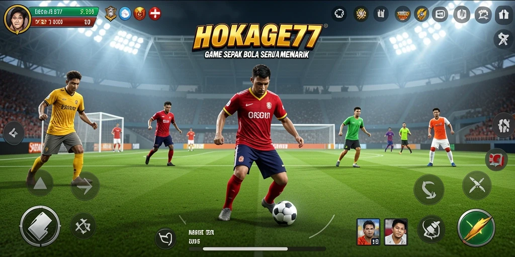 Tangkapan layar permainan HOKAGE77 dengan aksi sepak bola yang intens.
