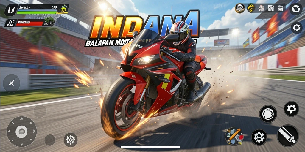 Tampilan gameplay menarik dengan berbagai lintasan balapan motor.