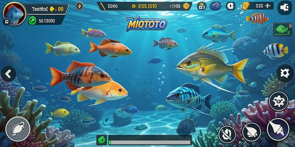 Tampilan gameplay MIOTOTO dengan suasana bawah laut yang menawan.